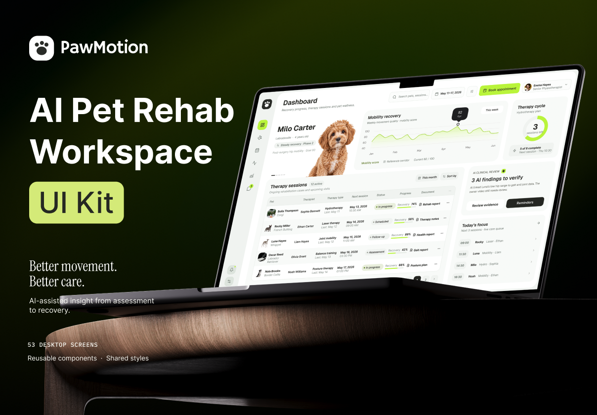 PawMotion — AI Pet Rehabilitation Web App UI Kit - Mobile design asset by ui8