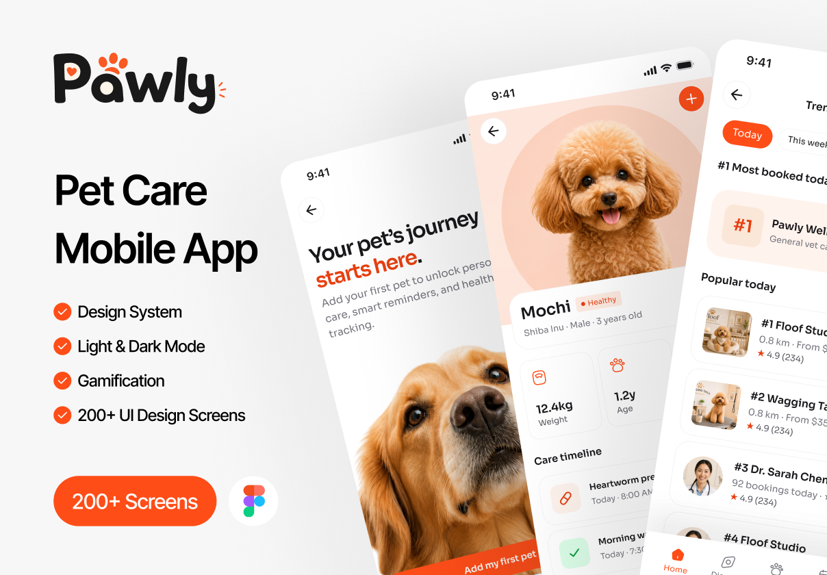 Pawly - Pet Care Mobile App UI Kit - Mobile design asset by ui8