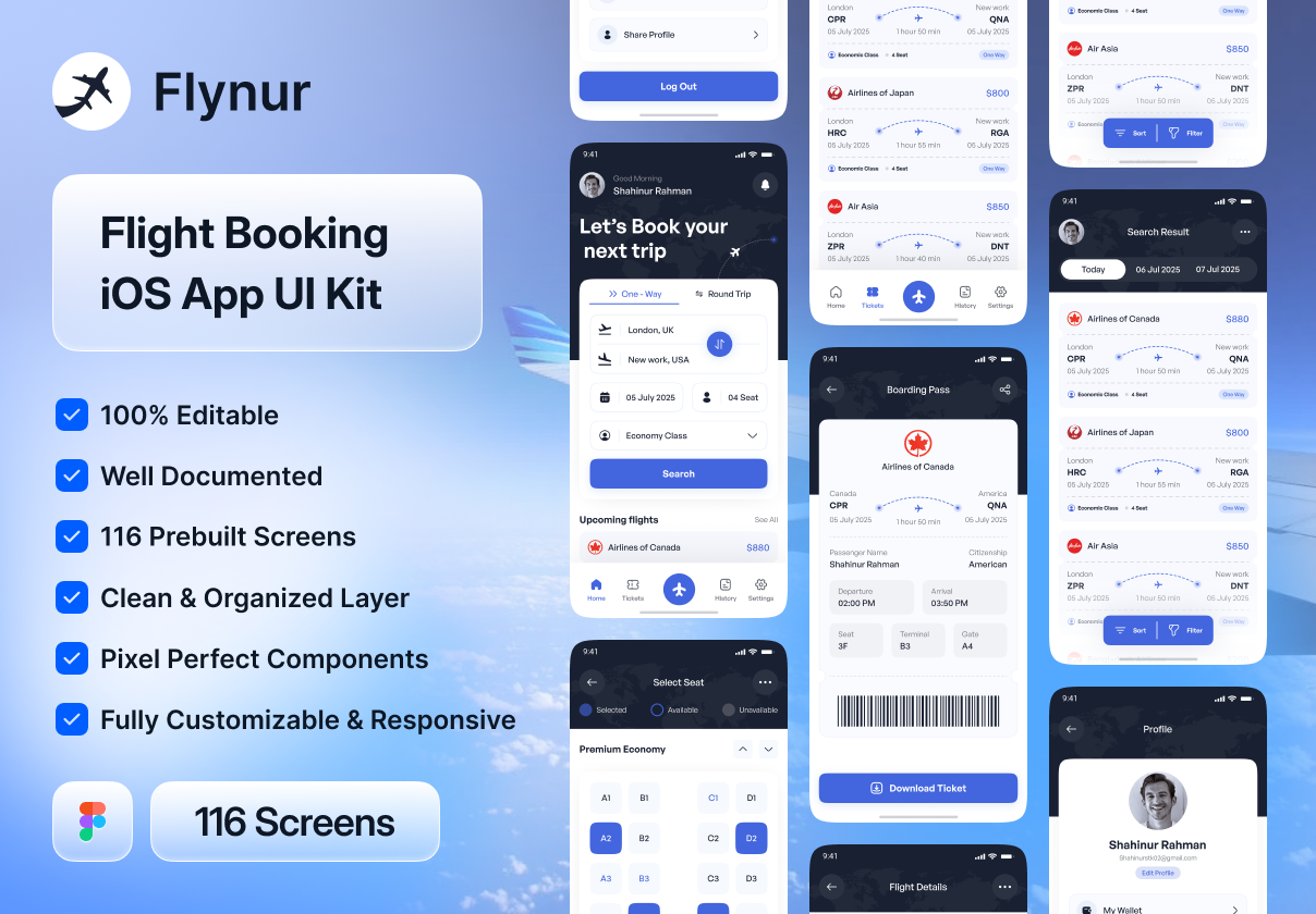 Flynur - Flight Booking Mobile App UI Kit Design