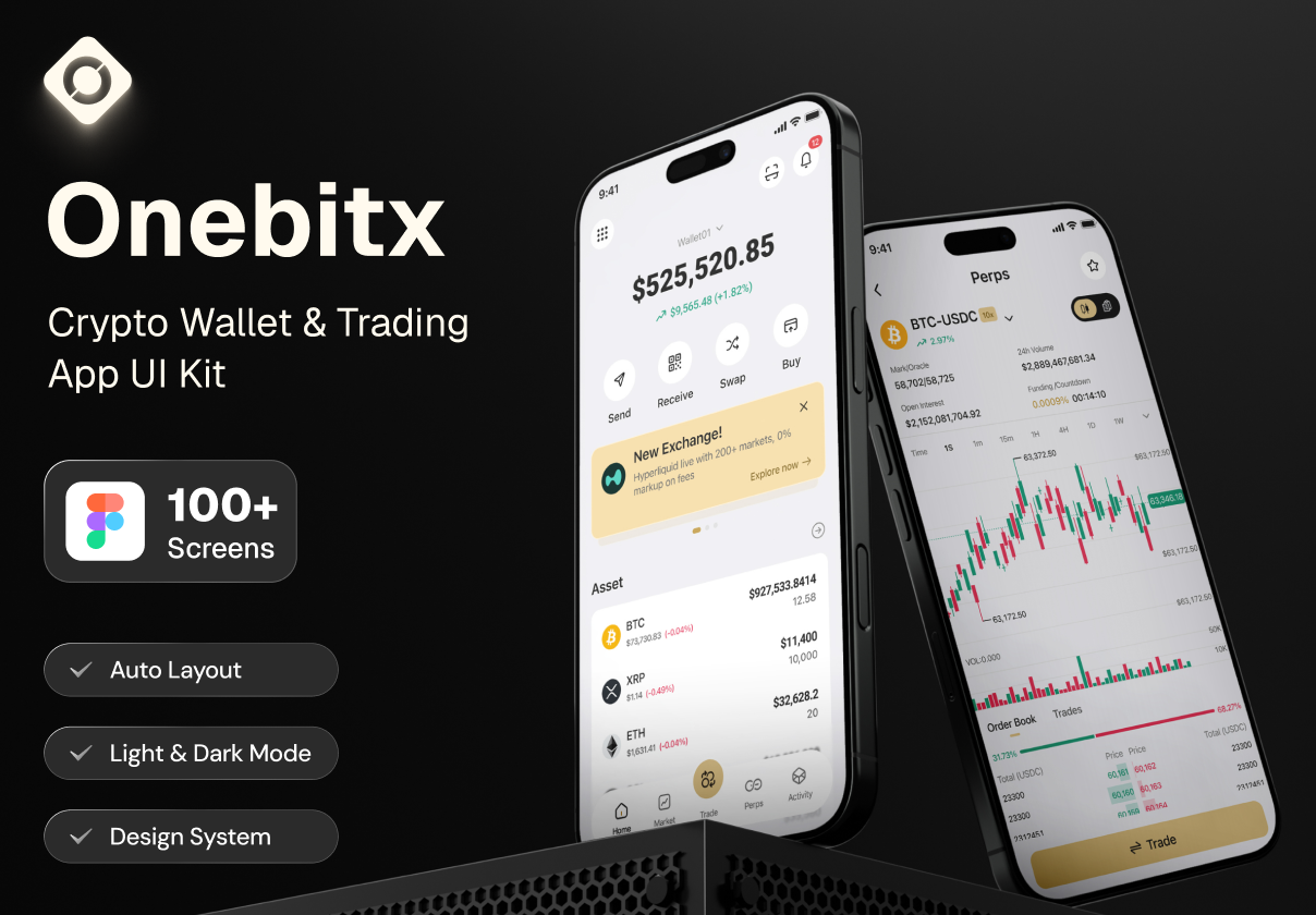 Onebitx — Web3 Wallet & Perpetual Trading Mobile UI Kit - Mobile design asset by ui8