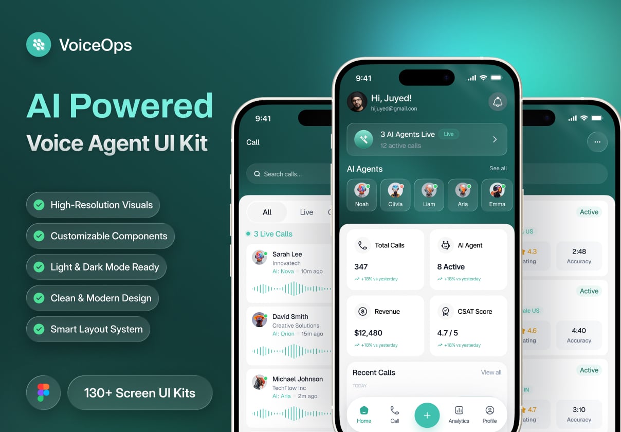 VoiceOps AI – Enterprise AI Voice Agent Mobile App UI Kit - Mobile design asset by ui8