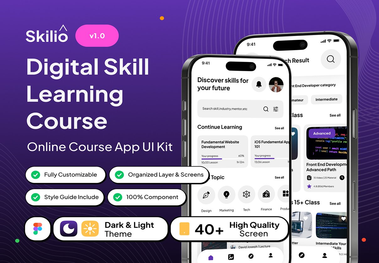 Skilio - Digital Skill Learning Course App UI Kit