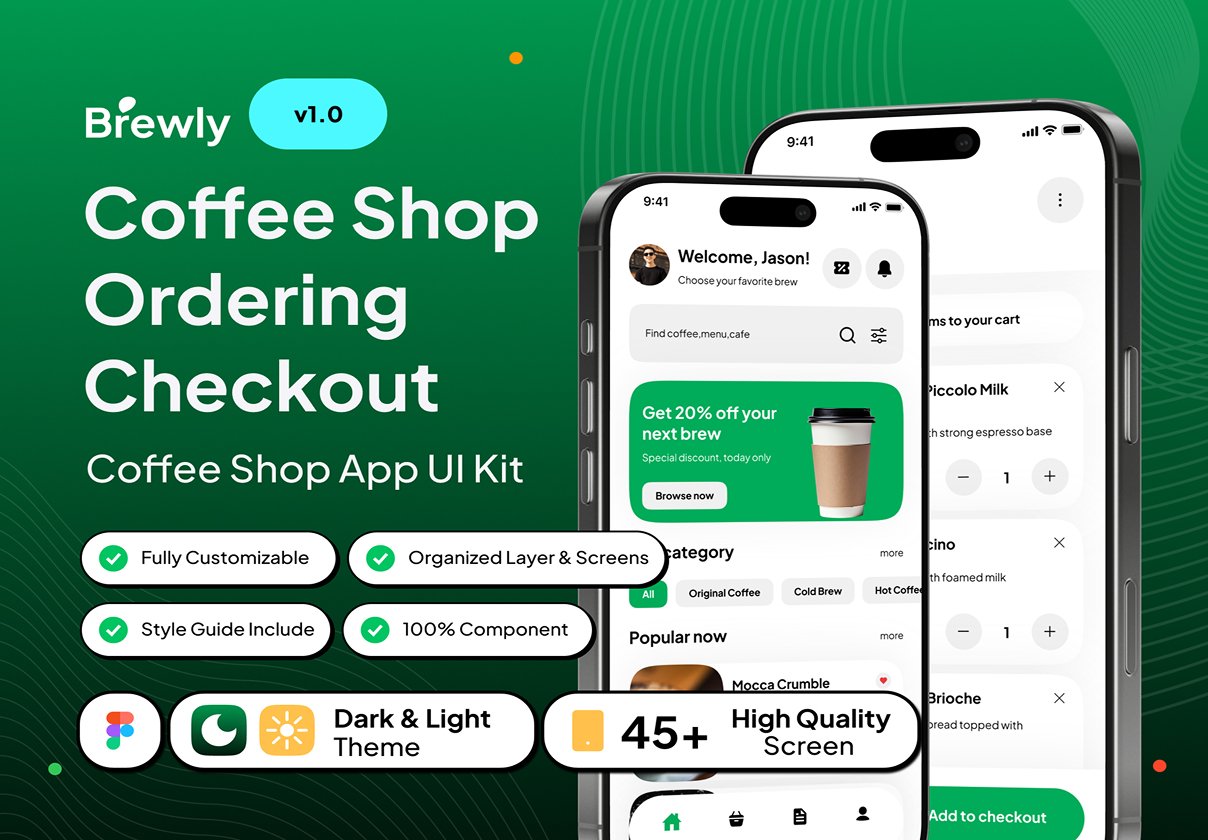 Brewly - Coffee Shop Ordering Checkout App UI Kit