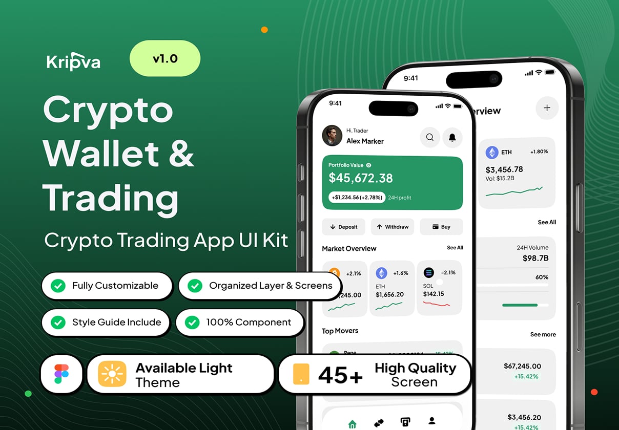 Kripva – Crypto Wallet & Trading App UI Kit - Mobile design asset by ui8