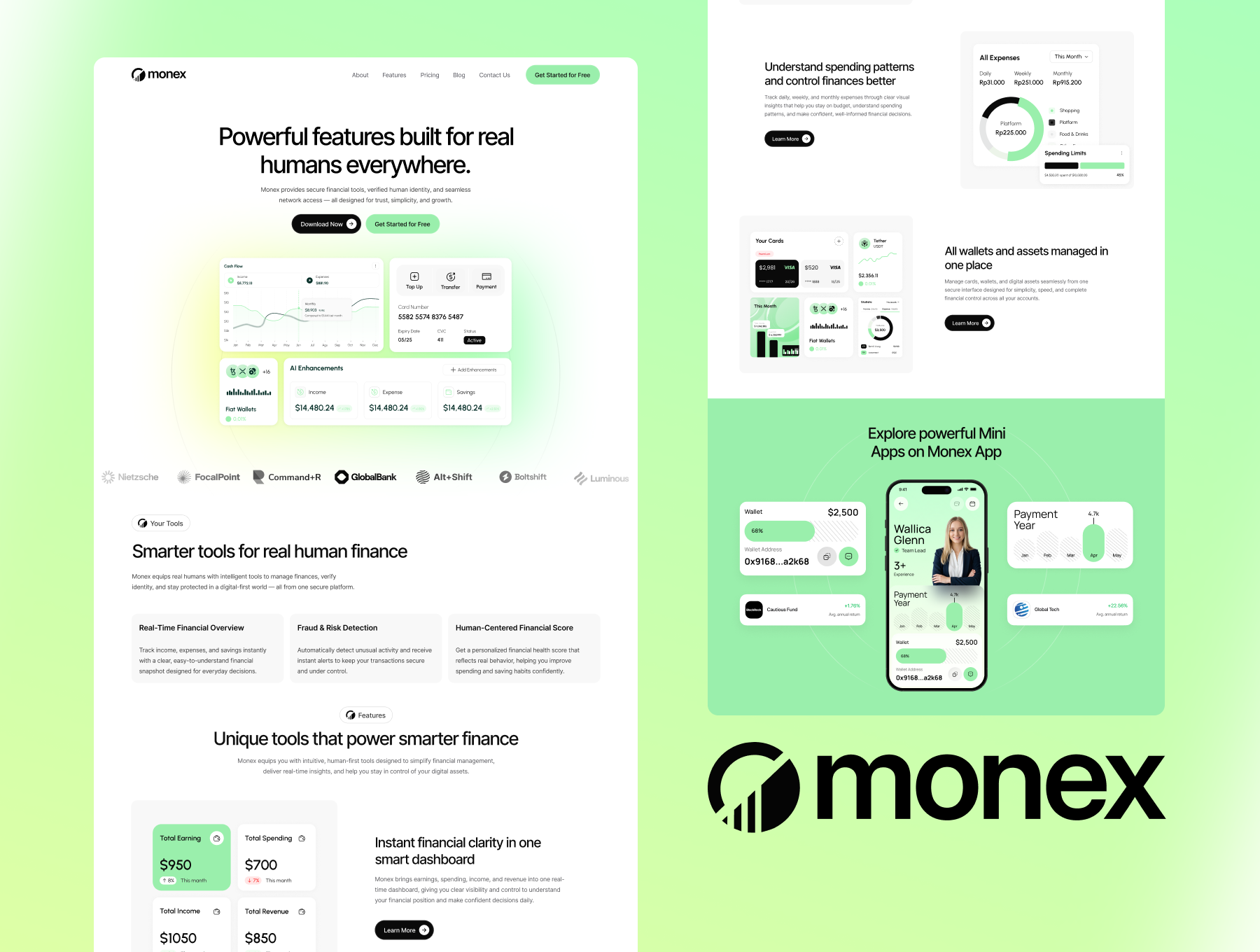 9屏现代绿色调金融科技银行网站用户登录落地ui界面设计figma模板素材 Monex — Finance Mobile App Landing Page插图1 9屏现代绿色调金融科技银行网站用户登录落地ui界面设计figma模板素材 Monex — Finance Mobile App Landing Page插图1