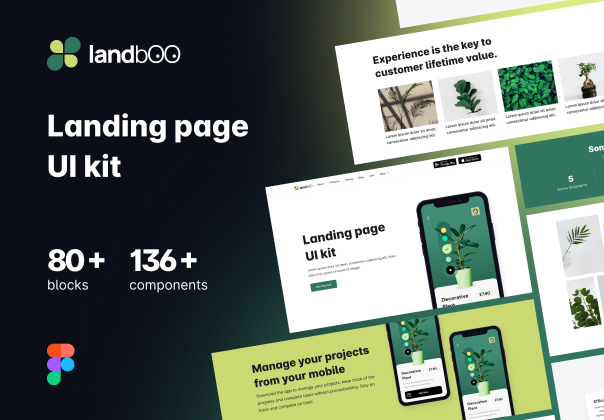landbOO Landing page UI kit: A Figma landing page UI kit with 80+ blocks and 136+ components, aimed at designers building marketing sites fast.
