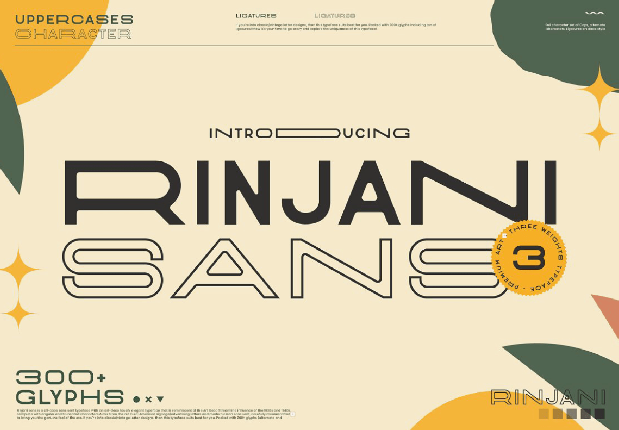 Rinjani Sans - Wide Stretch Typeface: A wide, stretched display typeface with three weights and 300+ glyphs, built for big Art Deco-flavored headlines.