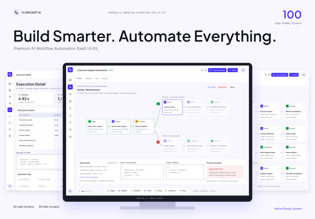 FlowCraft AI — AI Workflow Automation SaaS UI Kit - SaaS design asset by UI8