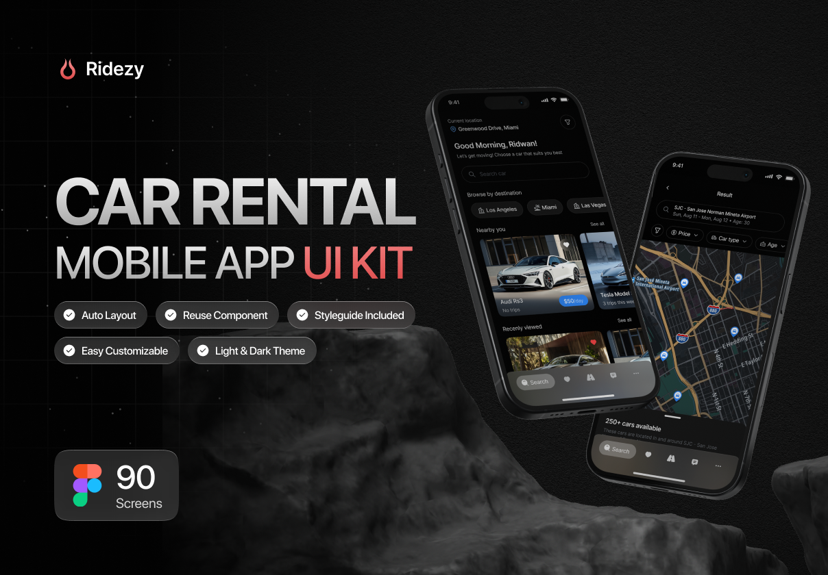 Car Rental Mobile App UI Kit - Ridezy