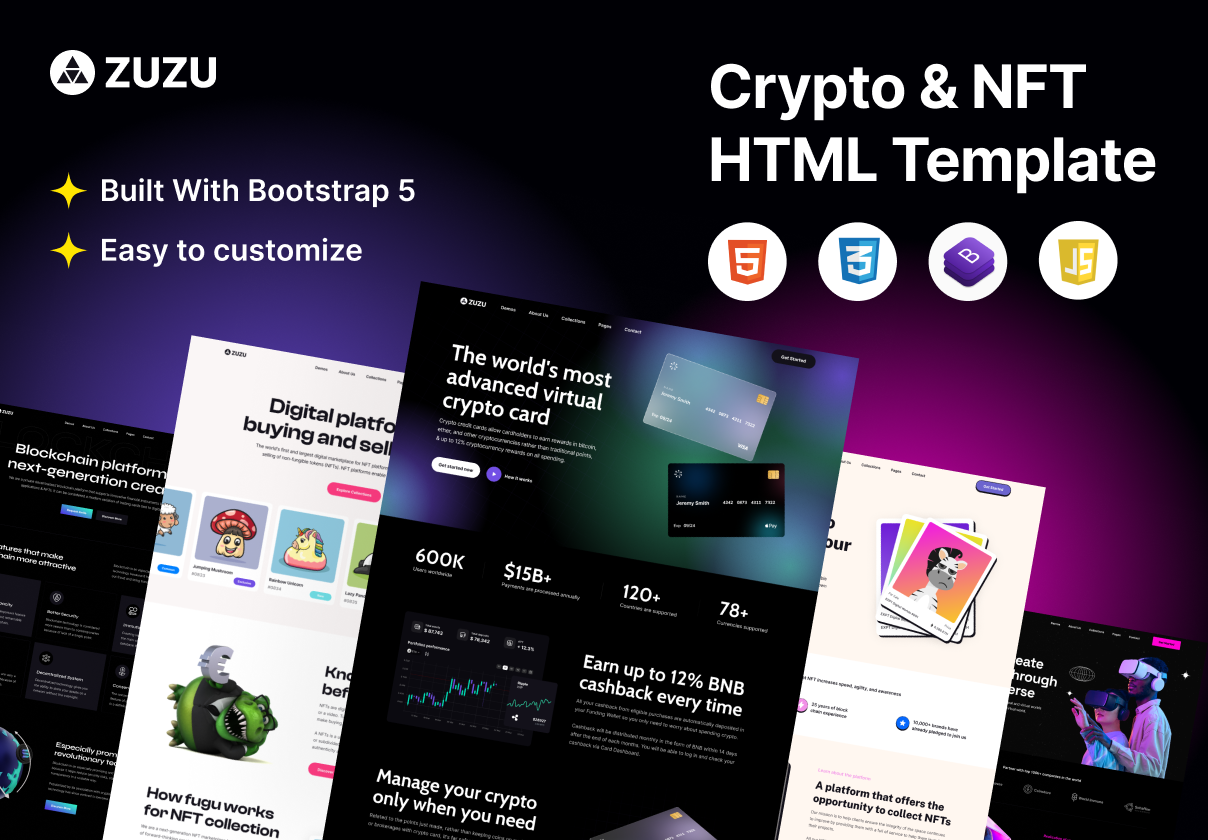 Zuzu - Landing Page Web Template: A Bootstrap 5 HTML landing page template for crypto, NFT and Web3 products, aimed at developers shipping a marketing site fast.