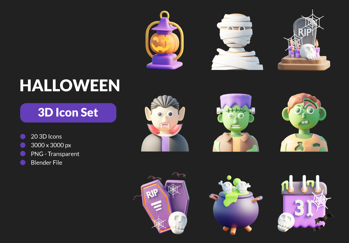 3D Halloween Icons - design asset by UI8