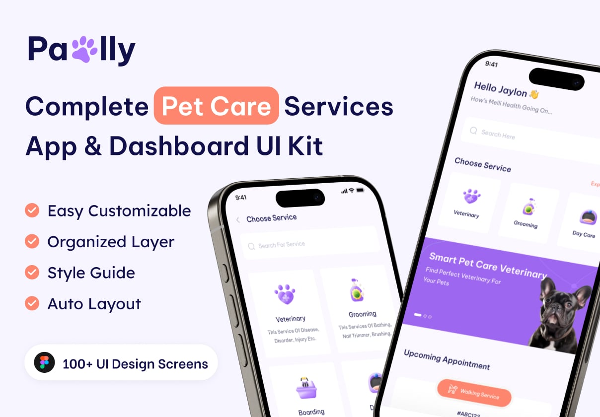 Pawlly - Pet Care App & Dashboard UI Kit: A Figma UI kit for pet care apps and dashboards — vet, grooming and boarding flows for designers building animal-service products.