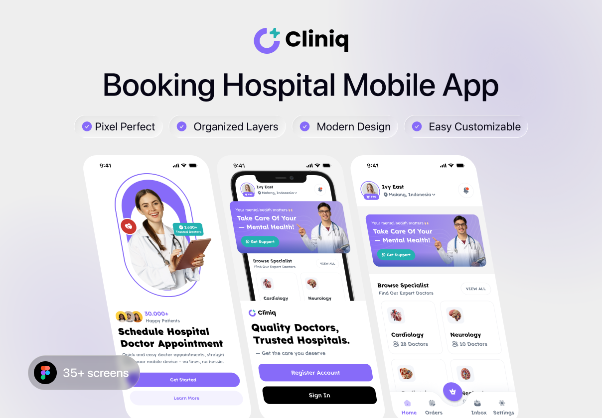 ClinicQ - Booking Hospital Mobile App - Mobile design asset by ui8