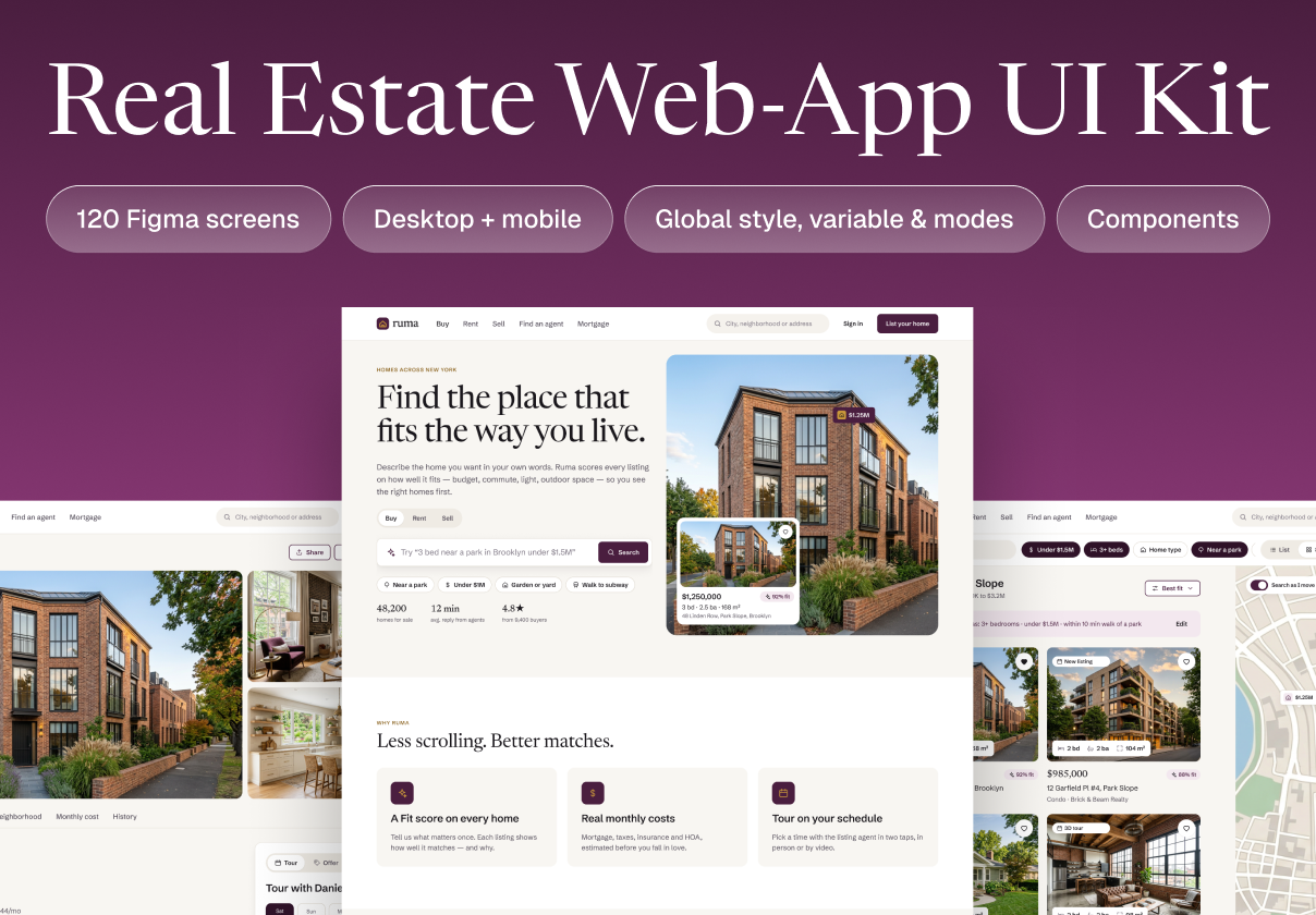 Ruma - Real Estate Web-App UI Kit - Mobile design asset by UI8