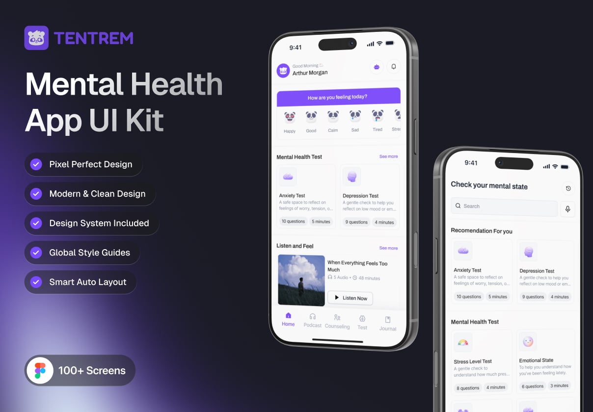 Tentrem - Mental Health App UI Kit - Mobile design asset by ui8