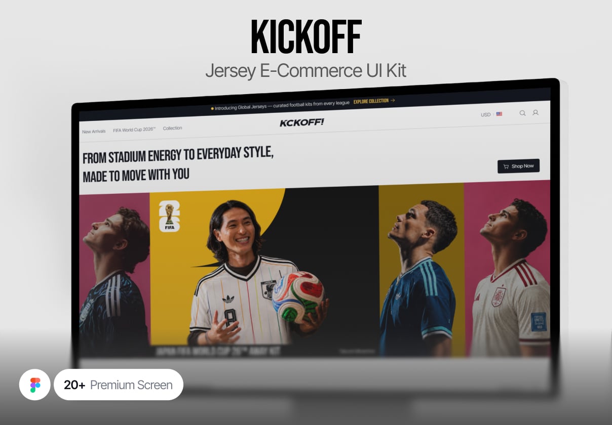 KICKOFF - Jersey E-Commerce UI Kit: A Figma UI kit for football jersey and sports apparel storefronts, built around bold, photo-led product pages.