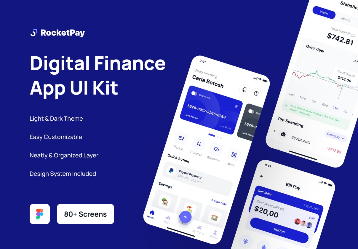 RocketPay - Finance Mobile App UI Kit: A Figma UI kit of 80+ finance app screens with light and dark themes and a bundled design system.