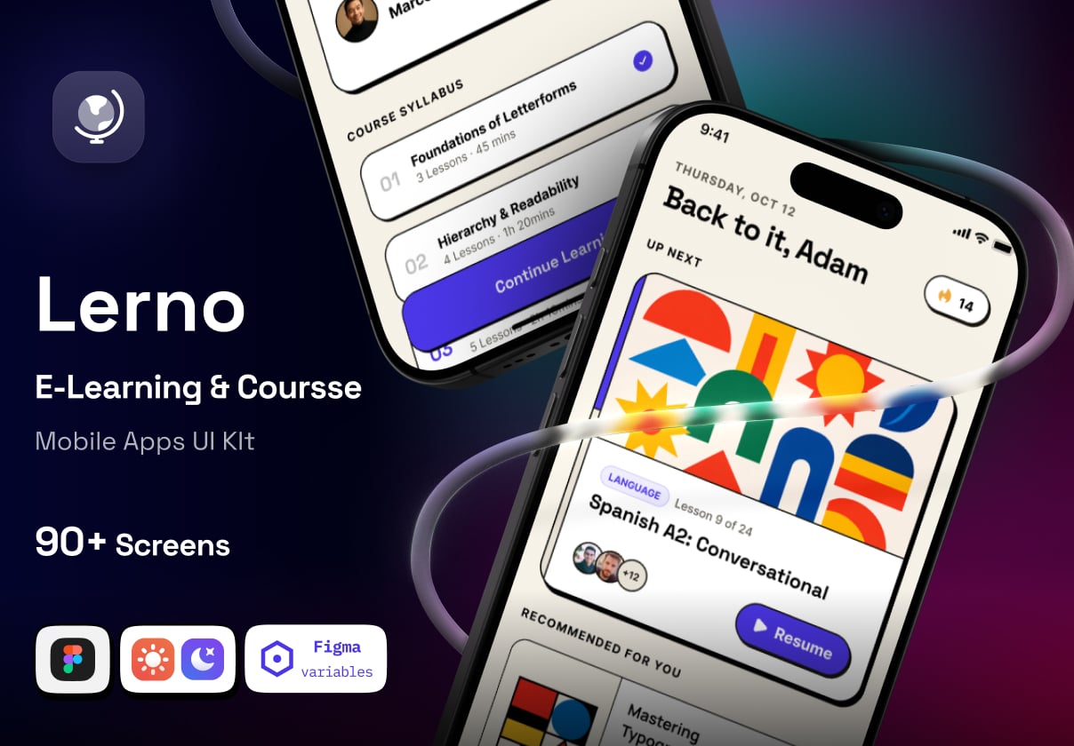 Lerno - Neo-Brutalist E-Learning & Course Mobile App UI Kit - Mobile design asset by ui8