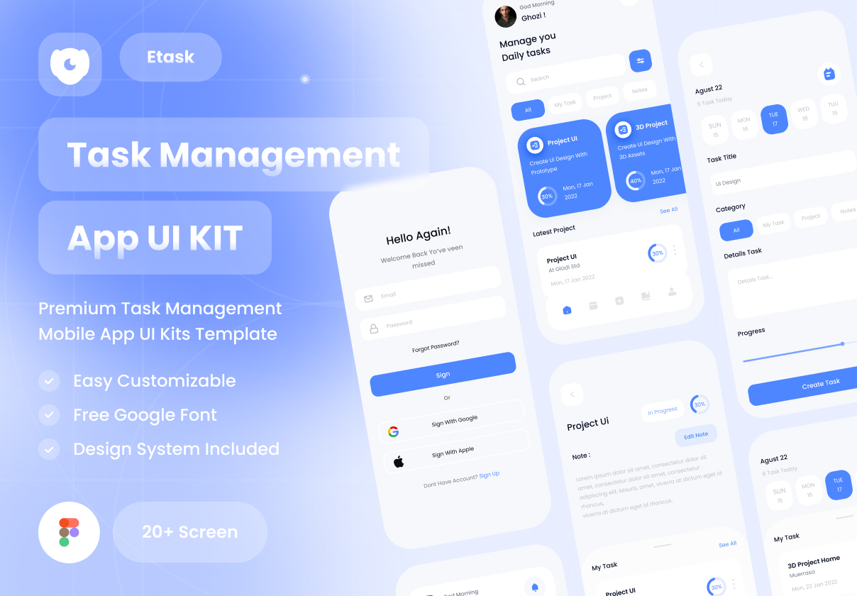 E- Task Management mobile app ui kits template