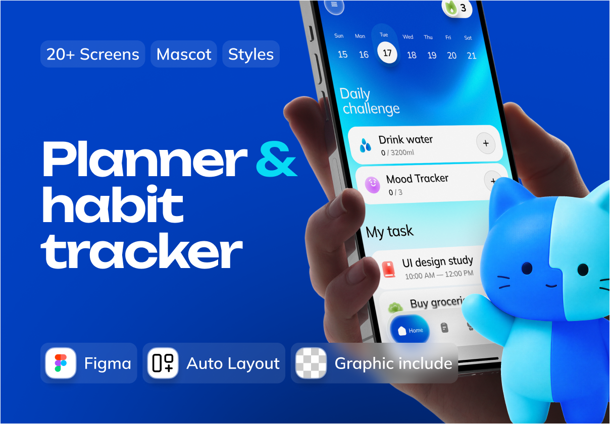 Planner & Habit Tracker Mobile App Design UI Kit with 3D Mascot - Mobile design asset by ui8