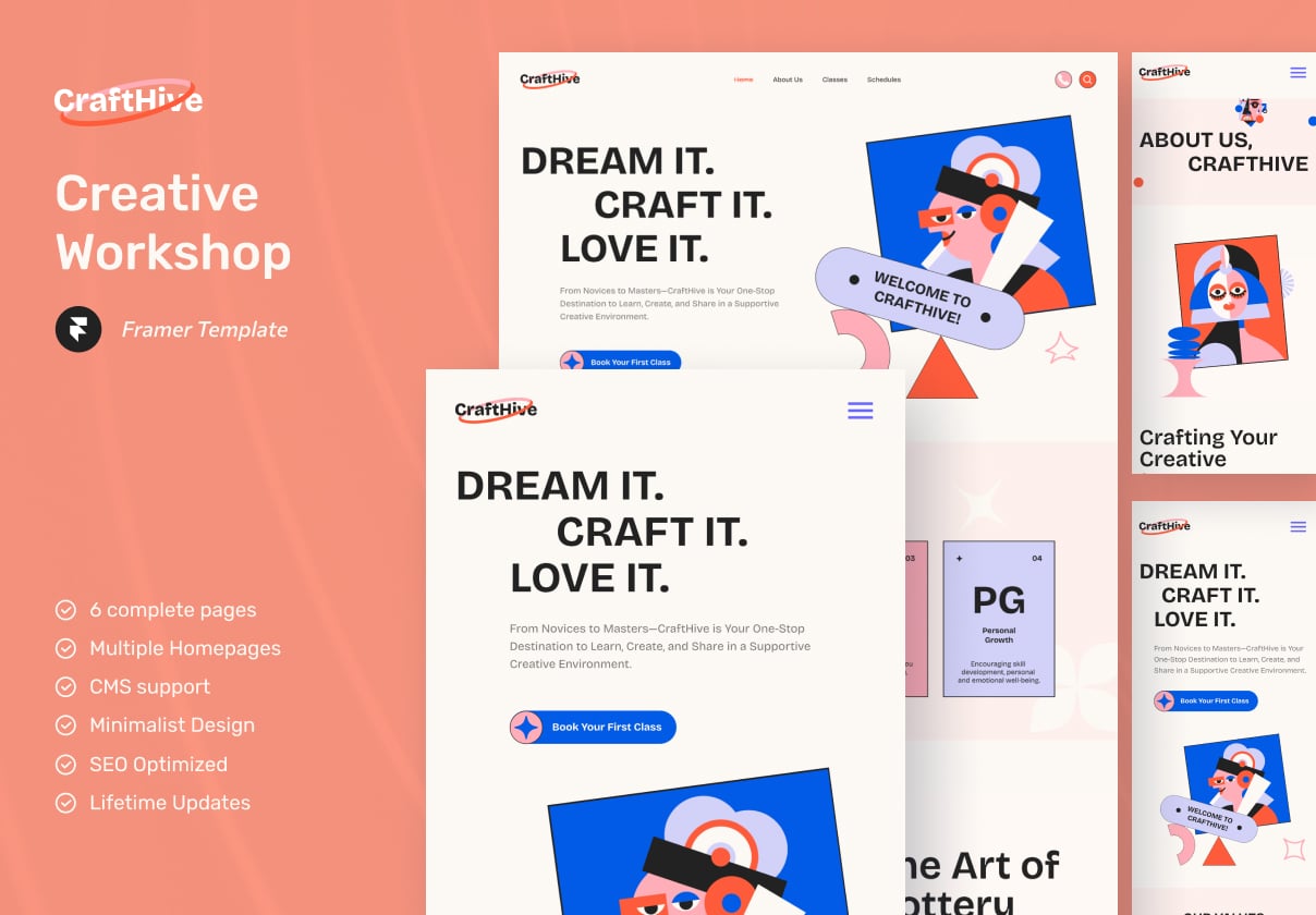 CraftHive - Creative Workshop Website Framer Template - design asset by UI8
