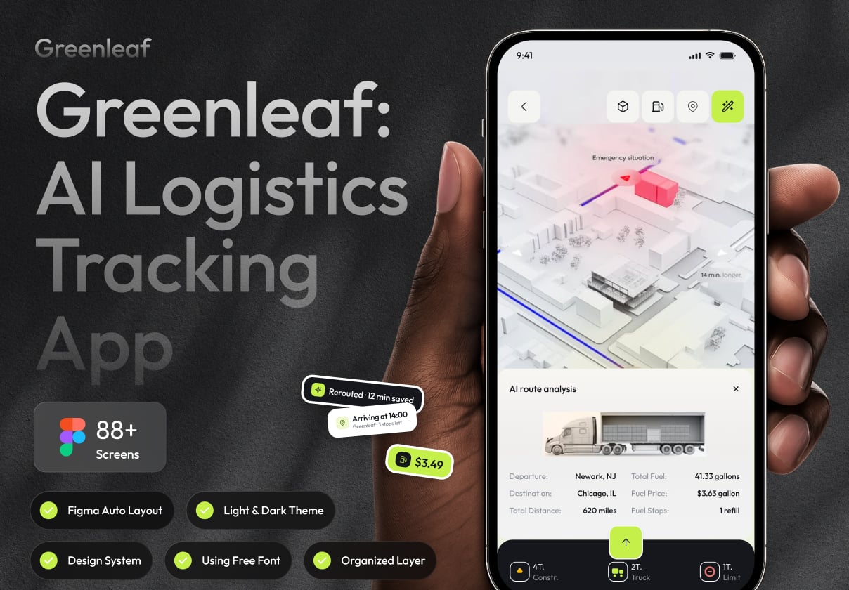 Greenleaf — AI Logistics Tracking App UI Kit - Mobile design asset by UI8