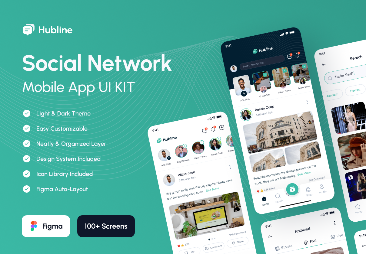 Hubline - Social Network Mobile App UI Kit: A Figma social network UI kit with 100+ screens, light and dark themes, and a design system for feed-first apps.