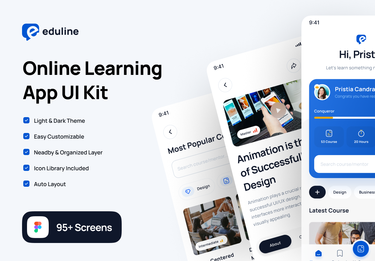 Eduline - Education & Online Learning App UI Kit: A Figma UI kit for online learning apps, with 95+ screens in light and dark themes for designers building course or tutoring products.