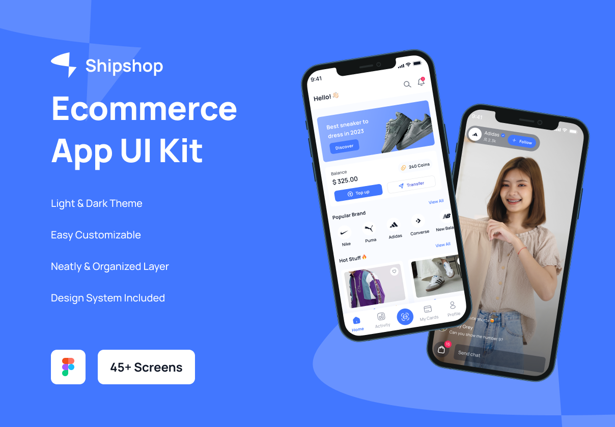 Ecommerce Mobile App UI Kit: A Figma ecommerce UI kit with 45+ screens in light and dark themes, aimed at designers shipping a retail shopping app.