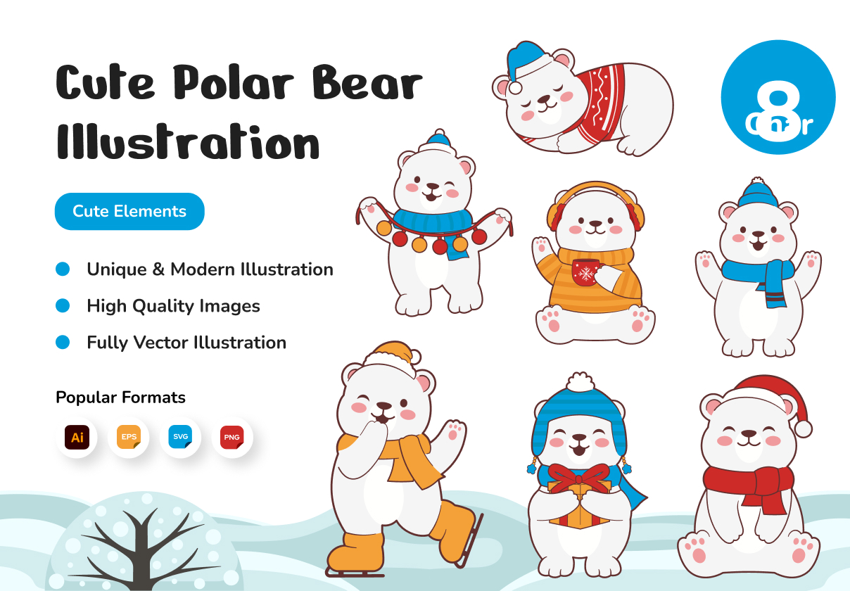 Cute Polar Bear Winter Christmas Illustration Set - design asset by UI8