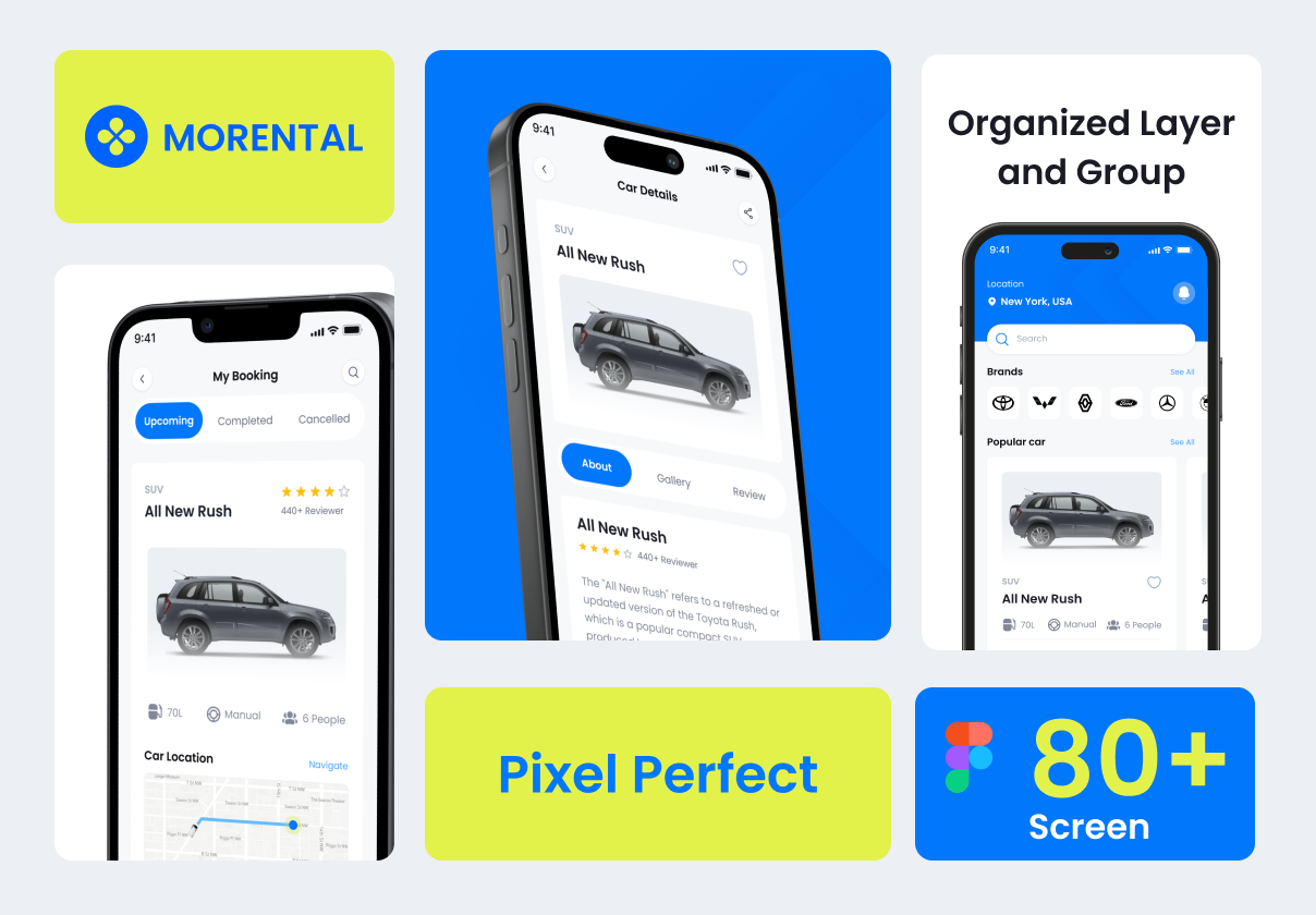 Morental - Car Rental App UI Kit: A car rental app UI kit with 80+ screens, organized layers, and full booking flows, aimed at mobile product designers.