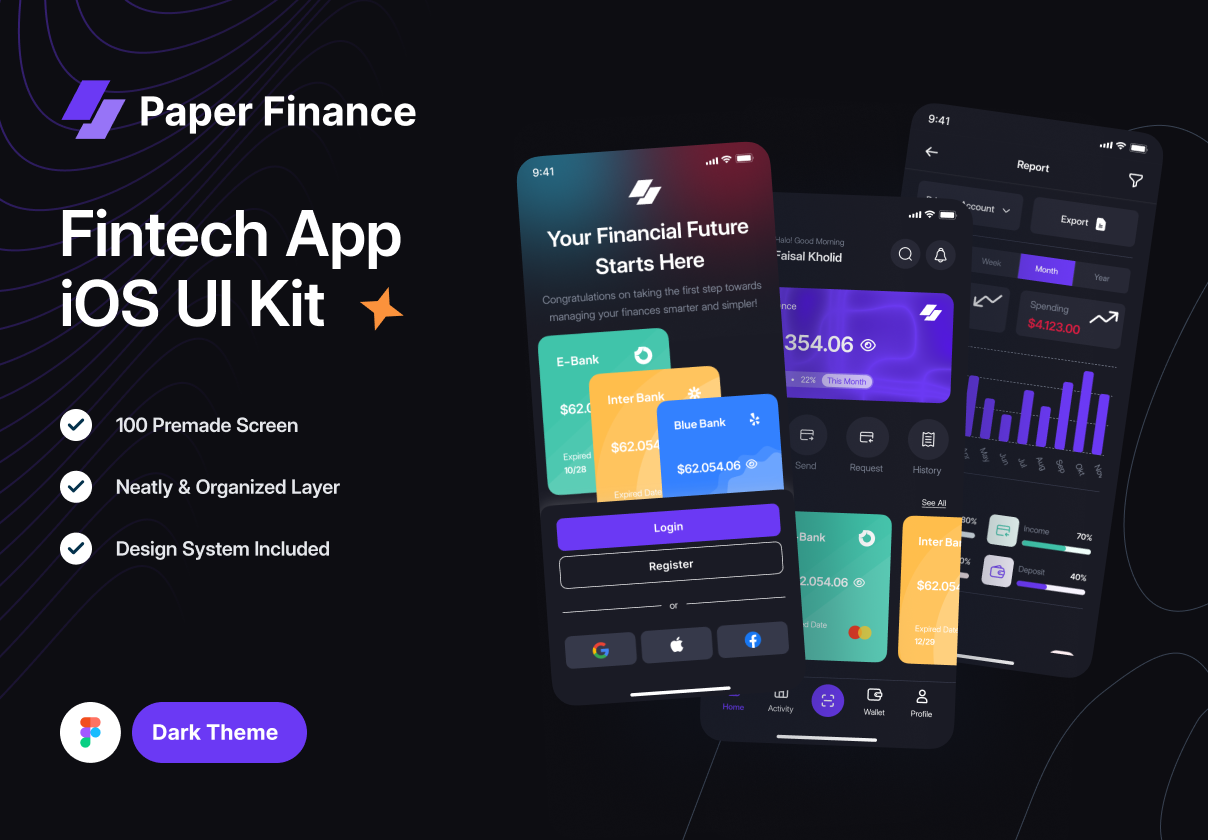 Dark Mode - Paper Finance (Fintech mobile UI Kit)