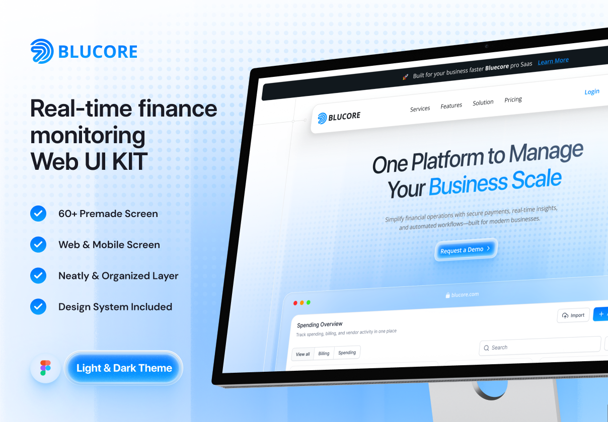 Bluecore — Real-time Finance Monitoring Landing Page UI KIT - Landing Page design asset by ui8