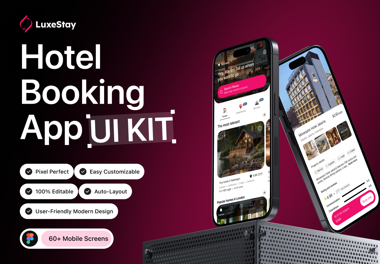 LuxeStay – Hotel Booking App UI Kit - Mobile design asset by ui8