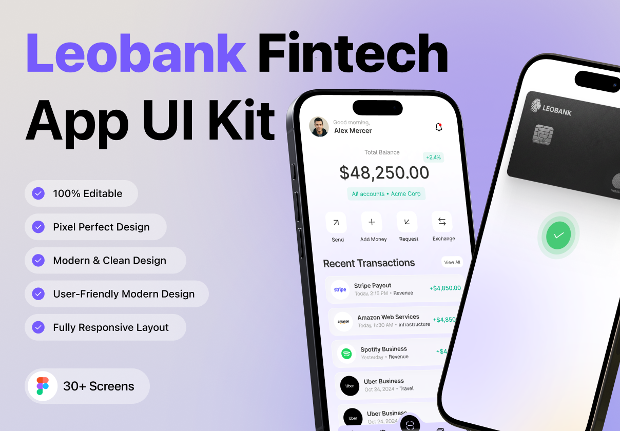 Leobank – Fintech App UI Kit - Mobile design asset by ui8