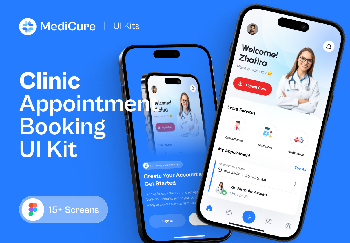 MediCure – Clinic & Doctor Appointment Booking UI Kit - Mobile design asset by ui8