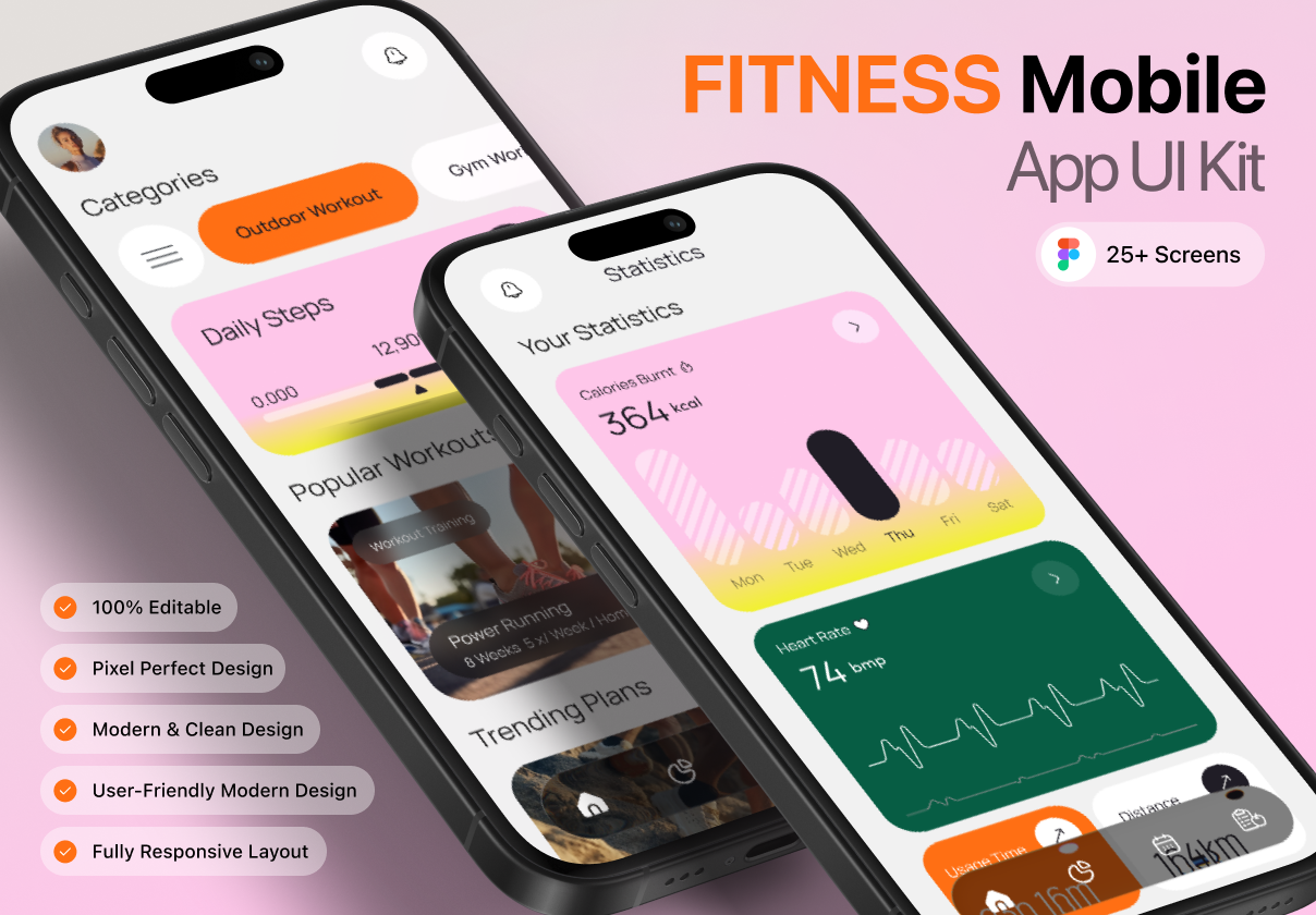Fitness – Workout & Health Tracker Mobile App UI Kit - Mobile design asset by ui8