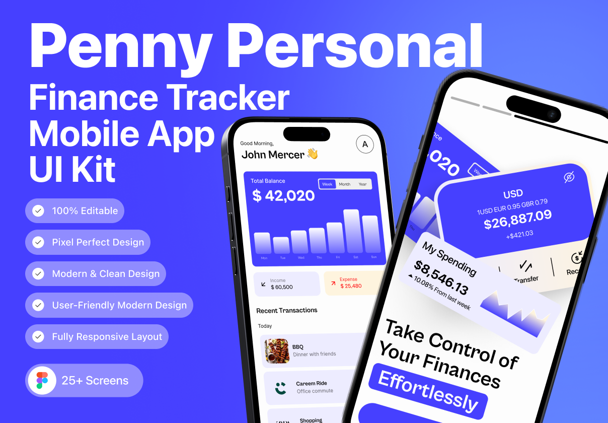Penny – Personal Finance Tracker Mobile App UI Kit - Portfolio, Mobile design asset by ui8