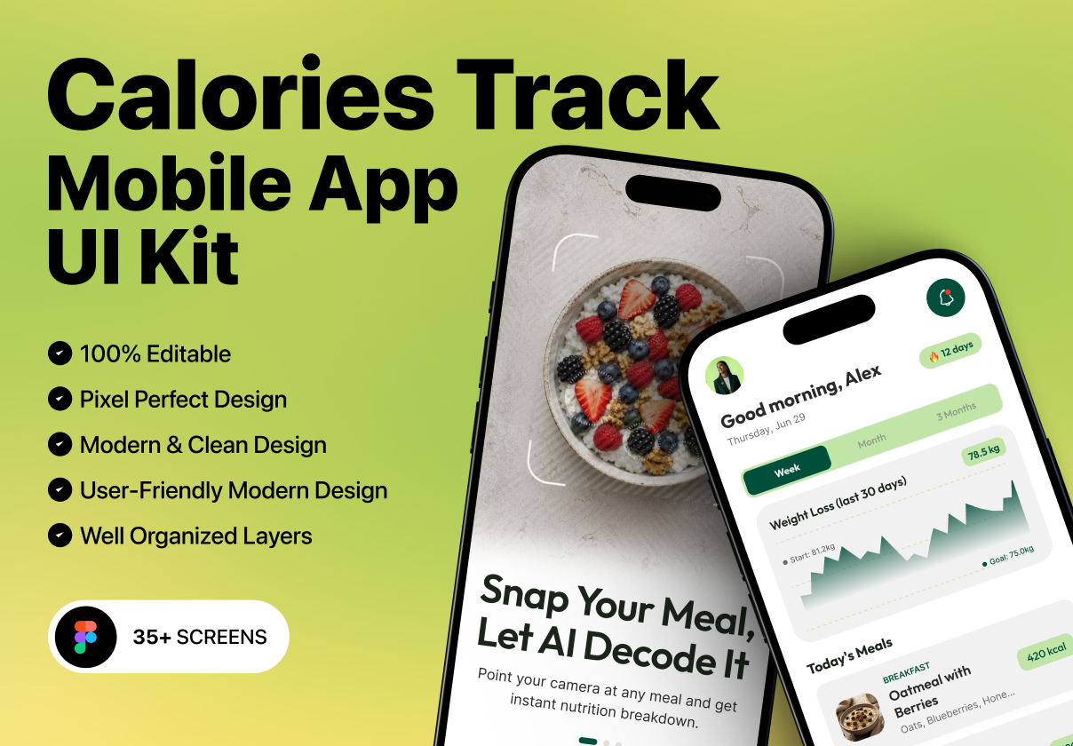 Calories Track – Mobile App UI Kit - Mobile design asset by ui8
