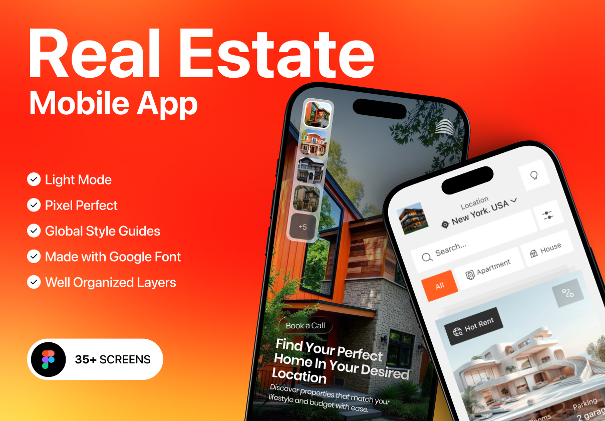 Real Estate – Mobile App UI Kit - Mobile design asset by ui8