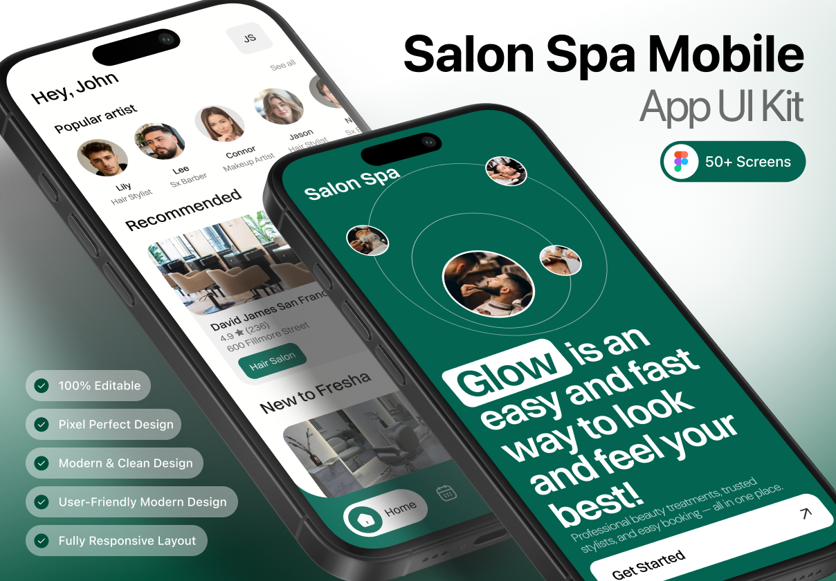Glow – Salon & Spa Booking App UI Kit - Mobile design asset by ui8