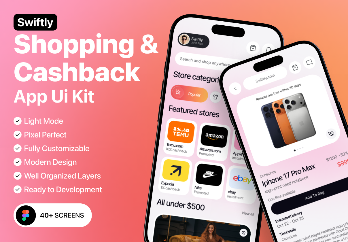 Swiftly – Shopping & Cashback App UI Kit - Ecommerce, Mobile design asset by ui8
