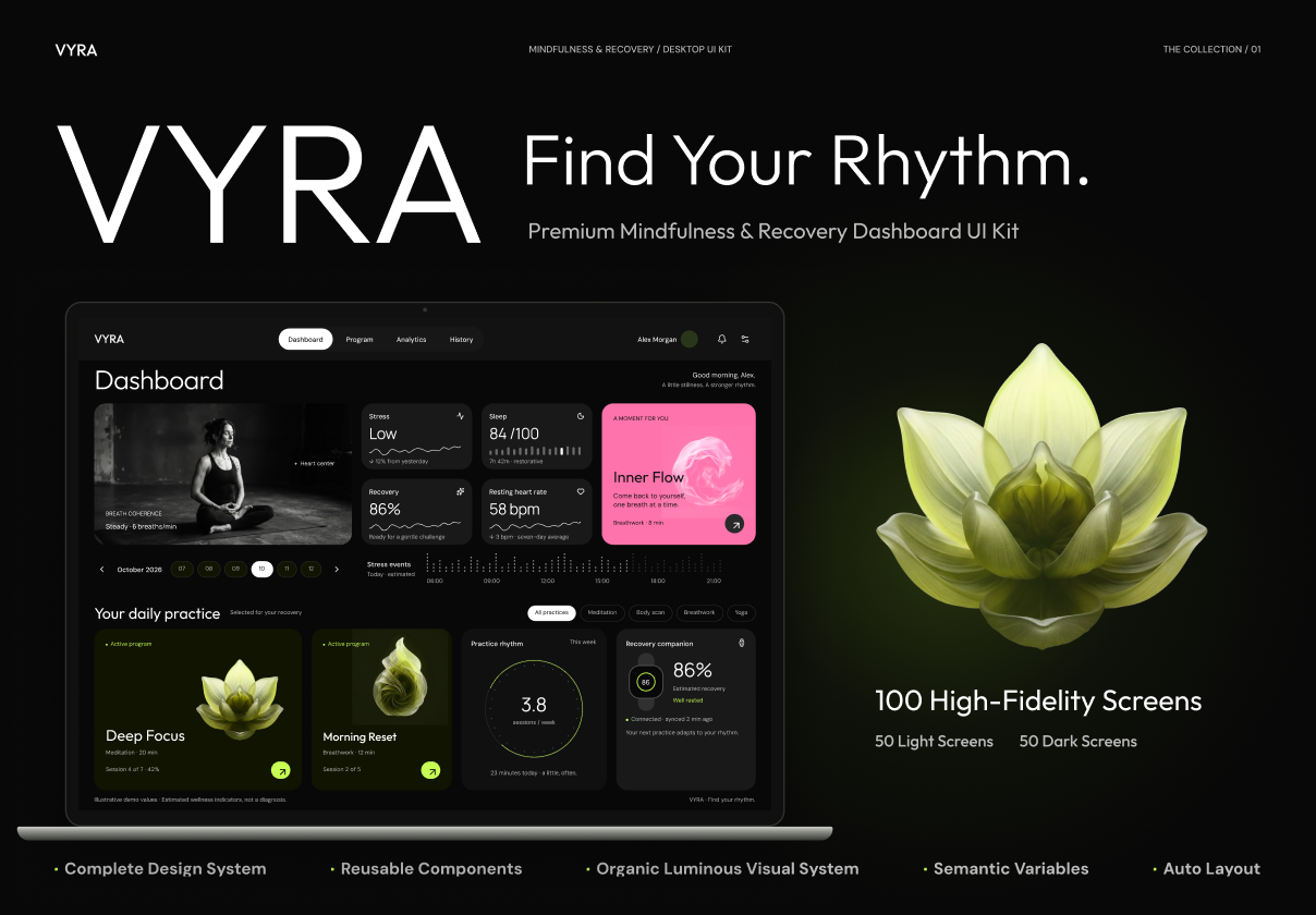 VYRA — Mindfulness & Recovery Desktop UI Kit - design asset by UI8