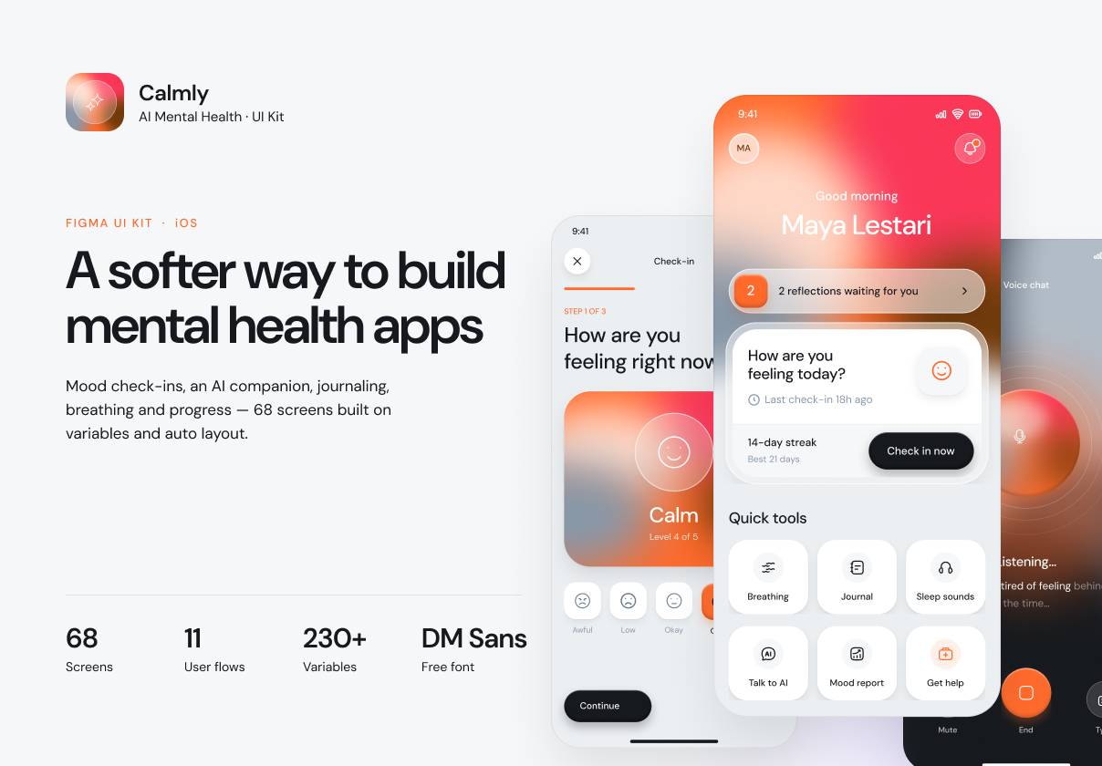 Calmly - AI Mental Wellness Mobile App UI Kit - Mobile design asset by UI8