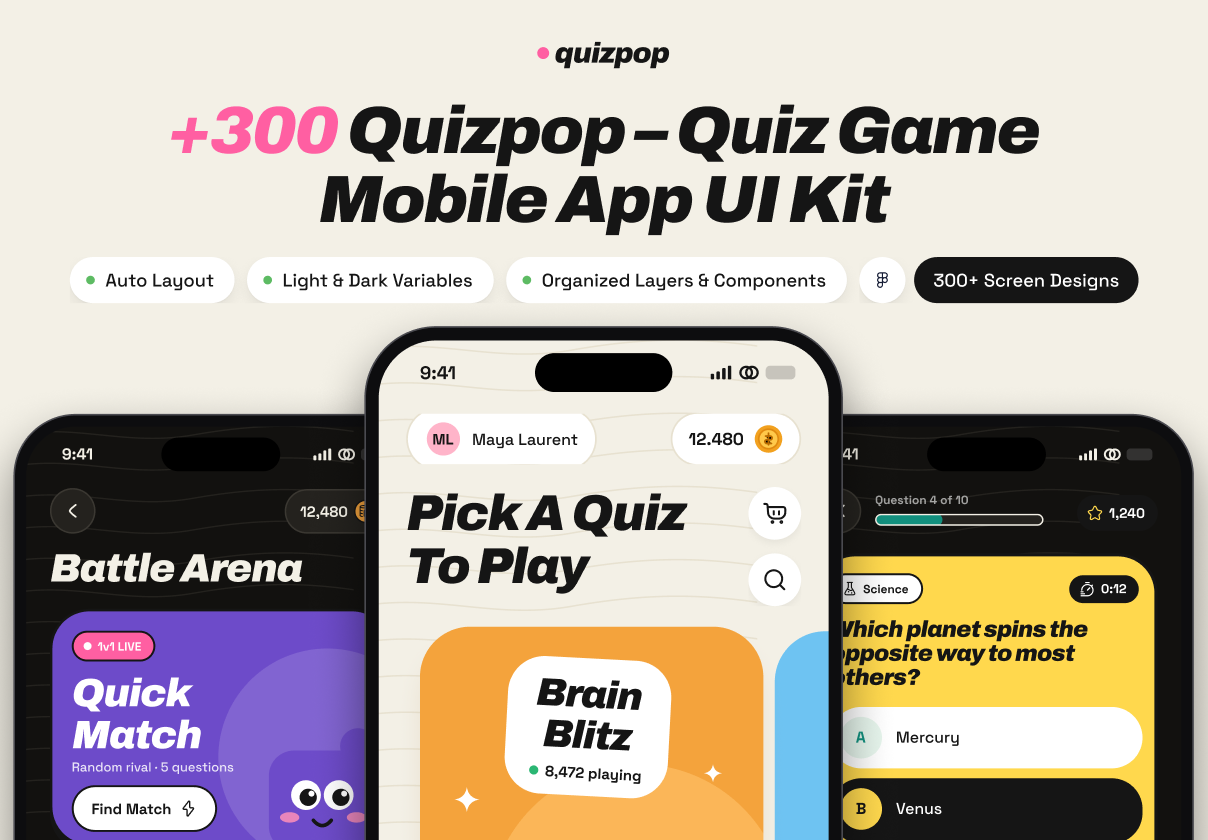 Quizpop – Quiz Game Mobile App UI Kit - Mobile design asset by UI8