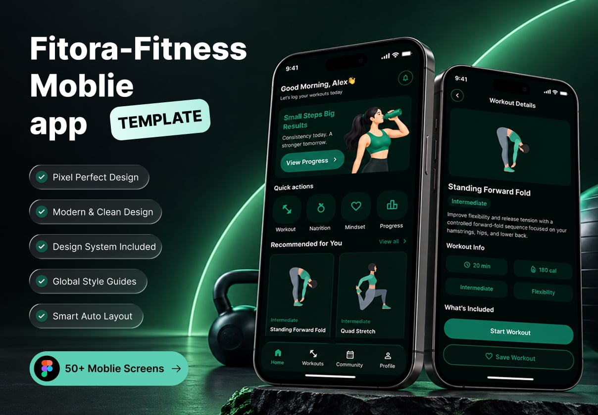 Fitora – Fitness App UI Kit for Figma - Mobile design asset by ui8