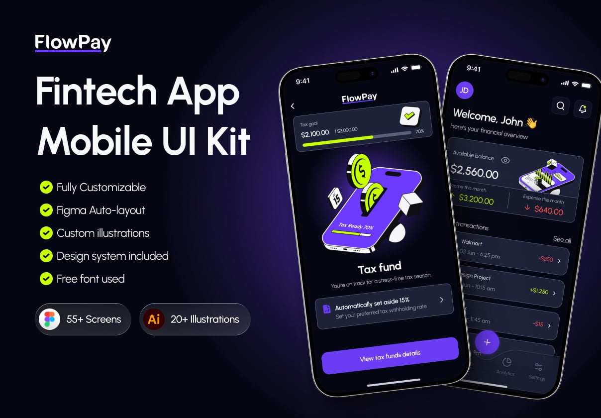 Finance App UI Kit & Fintech Illustration Pack - Mobile design asset by ui8