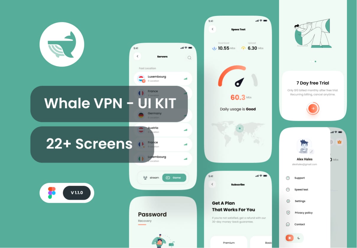 Whale VPN - VPN Mobile App UI KIT + Dark Mode