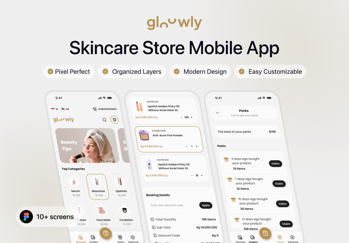 Glowly - Skincare Store Mobile App - Ecommerce, Mobile design asset by ui8