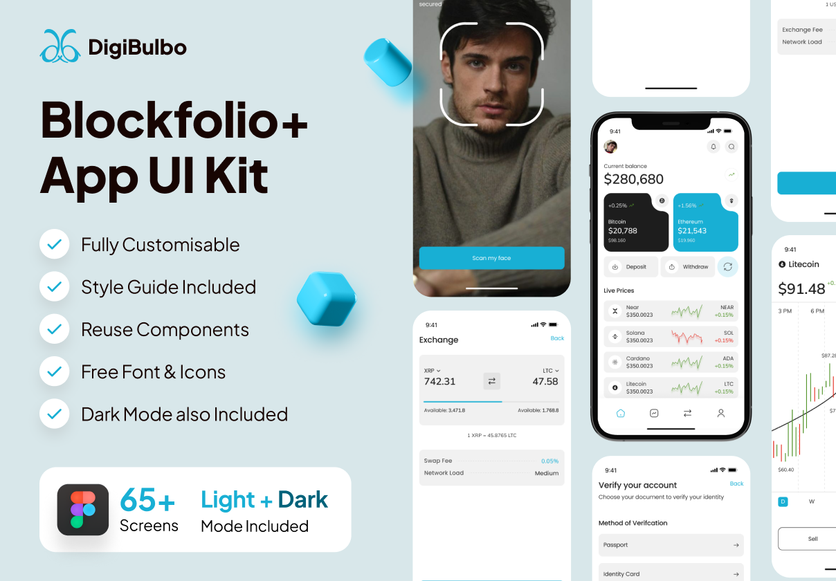 Blockfolio+  - Crypto Wallet Premium UI Kits App - Mobile design asset by ui8